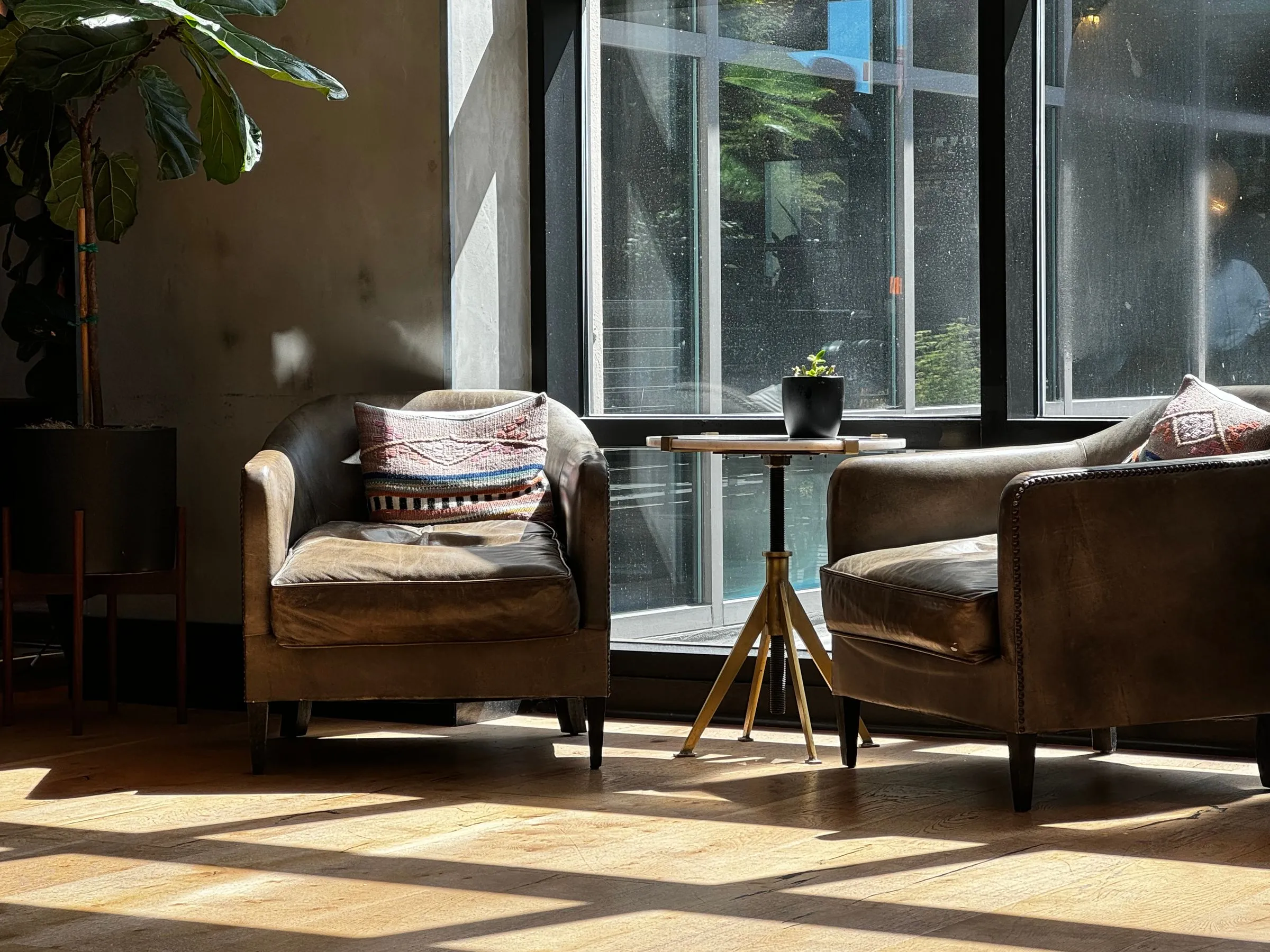 Two worn leather armchairs facing each other by a tall, sunlit window.